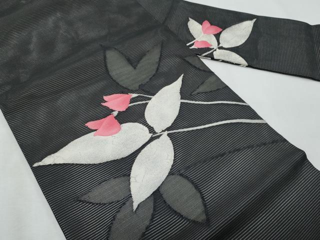 平和屋着物＊夏物　九寸名古屋帯　枝花文　黒地　銀糸　正絹　逸品　CABJ4401fb