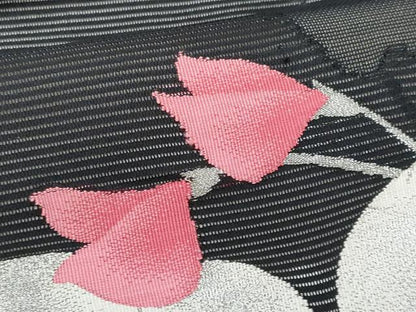 平和屋着物＊夏物　九寸名古屋帯　枝花文　黒地　銀糸　正絹　逸品　CABJ4401fb