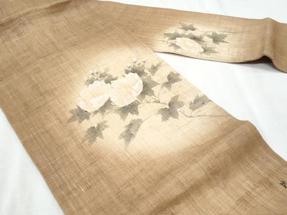 平和屋着物＊夏物　染色作家　桐山紫香　手描き　九寸名古屋帯　枝花文　麻　逸品　CABJ4404fb