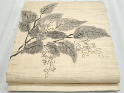 平和屋着物＊夏物　九寸名古屋帯　手描き　枝葉文　麻　逸品　CABJ4415fb