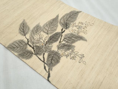 平和屋着物＊夏物　九寸名古屋帯　手描き　枝葉文　麻　逸品　CABJ4415fb