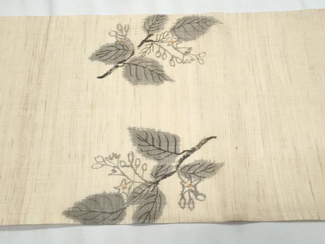 平和屋着物＊夏物　九寸名古屋帯　手描き　枝葉文　麻　逸品　CABJ4415fb