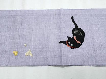 平和屋着物＊夏物　半幅帯　総刺繍　猫　金銀糸　正絹　逸品　CABJ4443fb