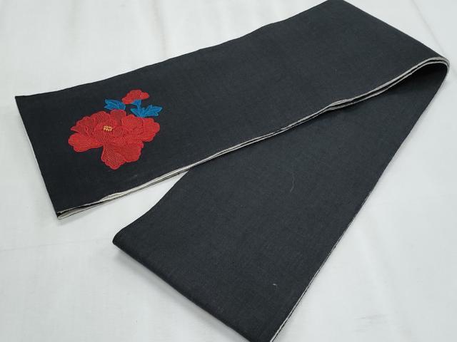 平和屋着物＊夏物　半幅帯　ワンポイント　草花文　黒地　CABJ4448fb