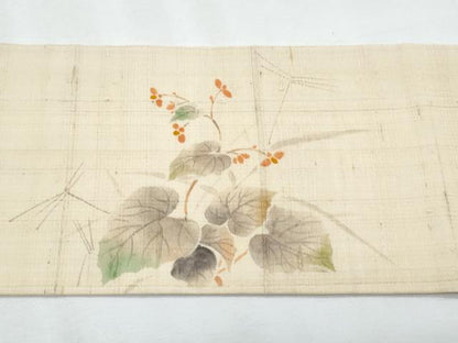 平和屋着物＊夏物　九寸名古屋帯　手描き　トンボ　枝葉文　正絹　逸品　CABJ4455fb