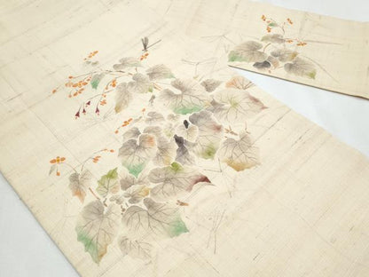平和屋着物＊夏物　九寸名古屋帯　手描き　トンボ　枝葉文　正絹　逸品　CABJ4455fb