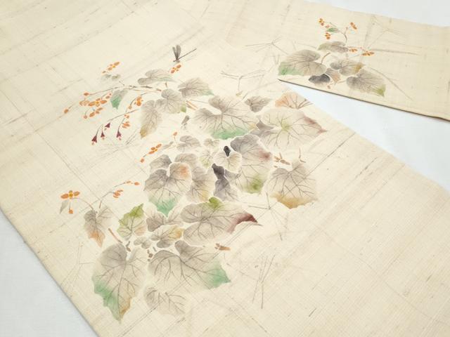 平和屋着物＊夏物　九寸名古屋帯　手描き　トンボ　枝葉文　正絹　逸品　CABJ4455fb