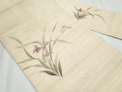 平和屋着物＊夏物　九寸名古屋帯　手描き　トンボ　草花文　麻　逸品　CABJ4459fb