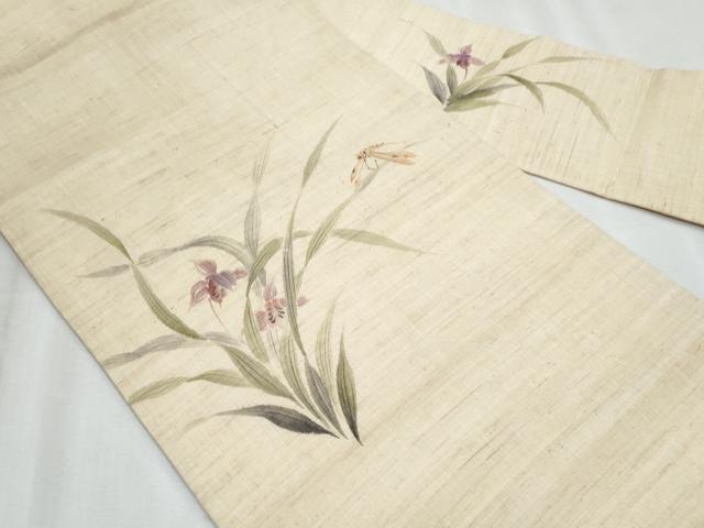 平和屋着物＊夏物　九寸名古屋帯　手描き　トンボ　草花文　麻　逸品　CABJ4459fb