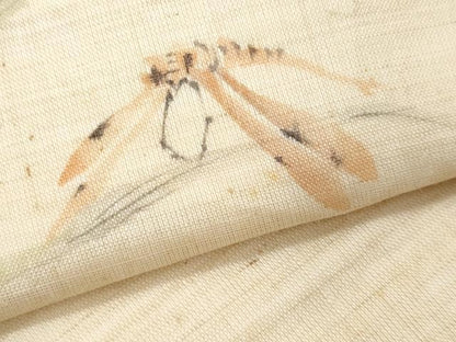 平和屋着物＊夏物　九寸名古屋帯　手描き　トンボ　草花文　麻　逸品　CABJ4459fb