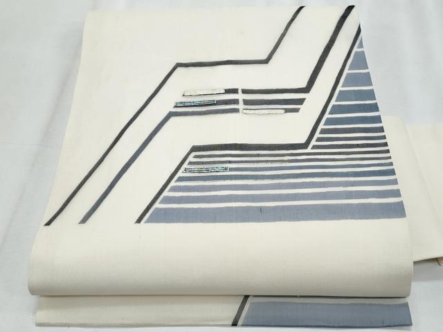 平和屋着物＊夏物　九寸名古屋帯　螺鈿　幾何学文様　銀彩　正絹　逸品　CABJ4465fb