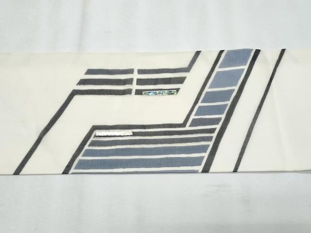 平和屋着物＊夏物　九寸名古屋帯　螺鈿　幾何学文様　銀彩　正絹　逸品　CABJ4465fb