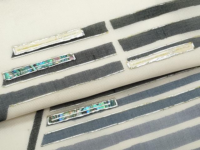 平和屋着物＊夏物　九寸名古屋帯　螺鈿　幾何学文様　銀彩　正絹　逸品　CABJ4465fb