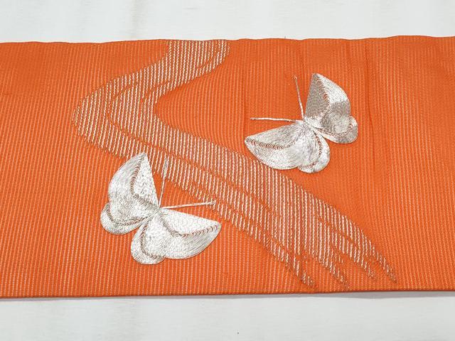 平和屋着物＊夏物　九寸名古屋帯　駒刺繍　舞蝶文　銀糸　正絹　逸品　CABJ4472fb