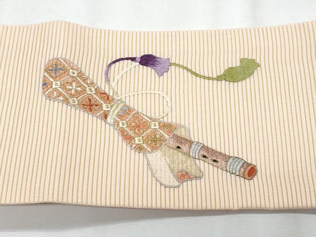 平和屋着物＊夏物　九寸名古屋帯　絽綴れ　総絞り　駒刺繍　横笛楓文　金銀糸　正絹　逸品　CABJ4484fb