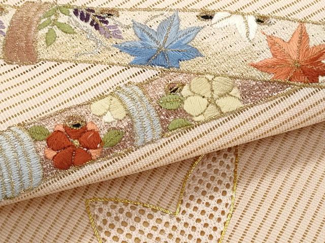 平和屋着物＊夏物　九寸名古屋帯　絽綴れ　総絞り　駒刺繍　横笛楓文　金銀糸　正絹　逸品　CABJ4484fb