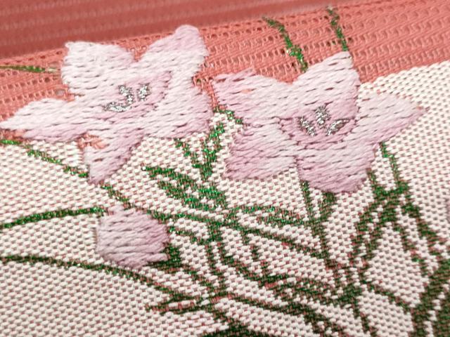平和屋着物＊夏物　九寸名古屋帯　唐織　桔梗　枝菊文　銀糸　正絹　逸品　CABJ4499fb
