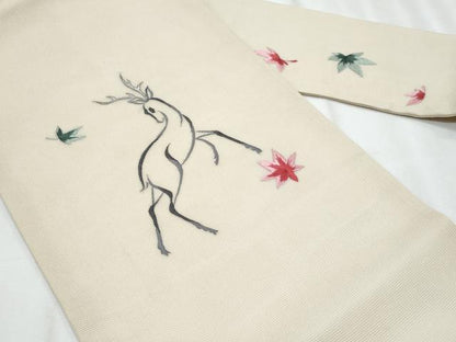 平和屋着物＊夏物　九寸名古屋帯　総刺繍　鹿　楓　正絹　逸品　CABJ4500fb