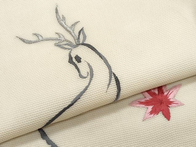 平和屋着物＊夏物　九寸名古屋帯　総刺繍　鹿　楓　正絹　逸品　CABJ4500fb