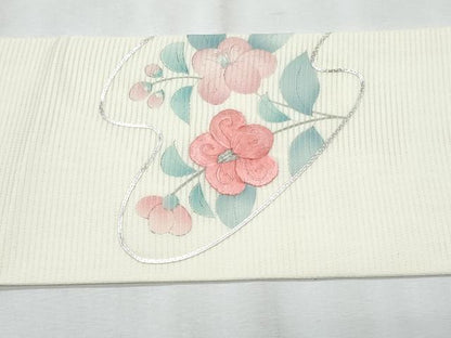 平和屋着物＊夏物　九寸名古屋帯　手描き　駒刺繍　杜若枝椿　銀糸　正絹　逸品　CABJ4506fb