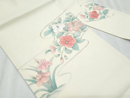 平和屋着物＊夏物　九寸名古屋帯　手描き　駒刺繍　杜若枝椿　銀糸　正絹　逸品　CABJ4506fb