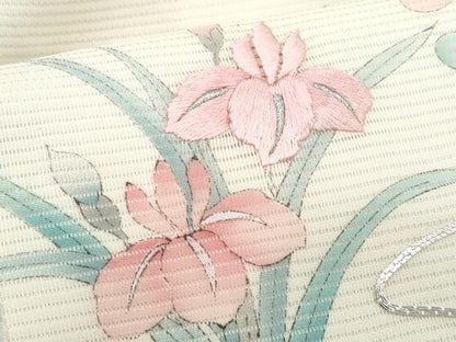 平和屋着物＊夏物　九寸名古屋帯　手描き　駒刺繍　杜若枝椿　銀糸　正絹　逸品　CABJ4506fb