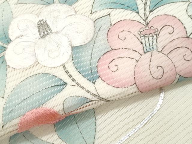 平和屋着物＊夏物　九寸名古屋帯　手描き　駒刺繍　杜若枝椿　銀糸　正絹　逸品　CABJ4506fb