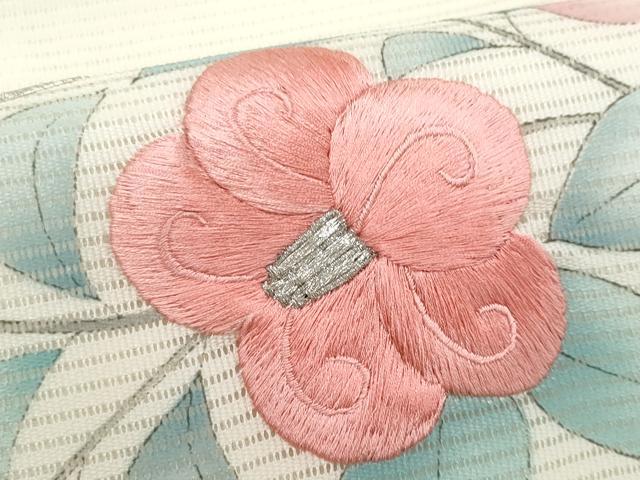 平和屋着物＊夏物　九寸名古屋帯　手描き　駒刺繍　杜若枝椿　銀糸　正絹　逸品　CABJ4506fb