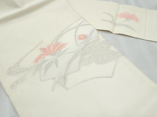 平和屋着物＊夏物　九寸名古屋帯　地紙草花文　銀糸　正絹　逸品　CABJ4510fb