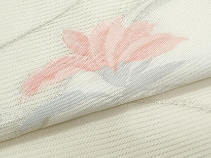 平和屋着物＊夏物　九寸名古屋帯　地紙草花文　銀糸　正絹　逸品　CABJ4510fb