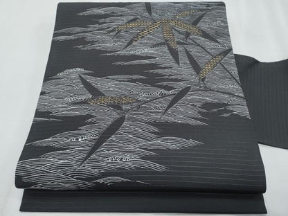 平和屋着物＊夏物　塩瀬　九寸名古屋帯　立波笹文　黒地　金彩　正絹　逸品　CABJ4519fb