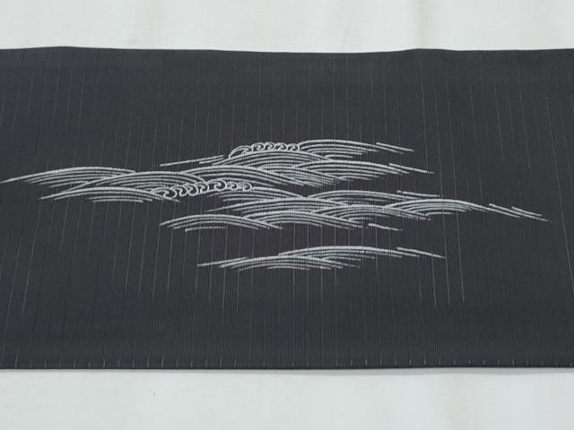 平和屋着物＊夏物　塩瀬　九寸名古屋帯　立波笹文　黒地　金彩　正絹　逸品　CABJ4519fb