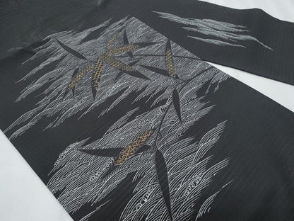 平和屋着物＊夏物　塩瀬　九寸名古屋帯　立波笹文　黒地　金彩　正絹　逸品　CABJ4519fb