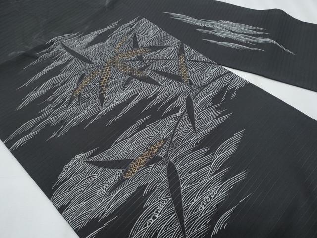 平和屋着物＊夏物　塩瀬　九寸名古屋帯　立波笹文　黒地　金彩　正絹　逸品　CABJ4519fb