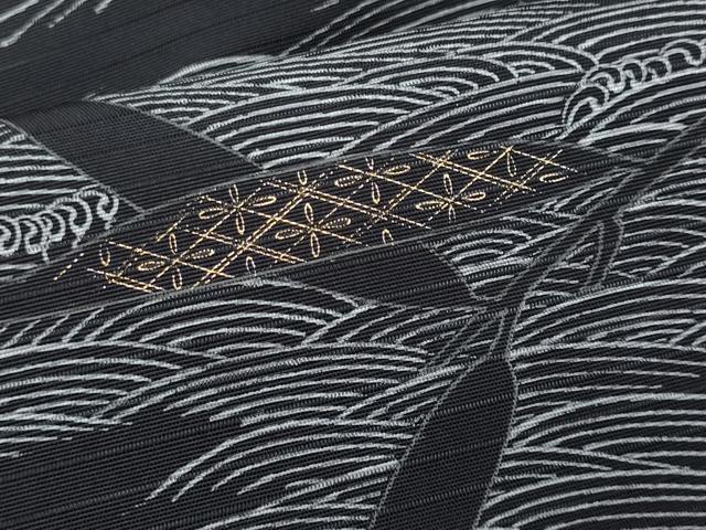 平和屋着物＊夏物　塩瀬　九寸名古屋帯　立波笹文　黒地　金彩　正絹　逸品　CABJ4519fb