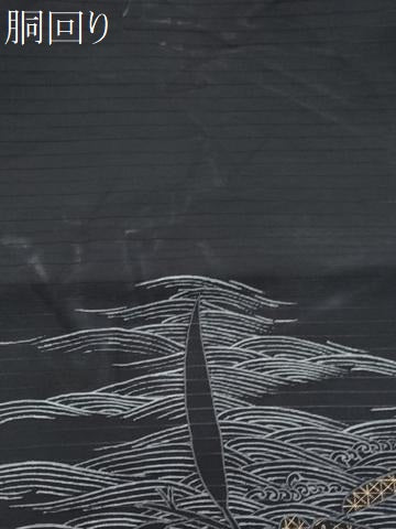 平和屋着物＊夏物　塩瀬　九寸名古屋帯　立波笹文　黒地　金彩　正絹　逸品　CABJ4519fb