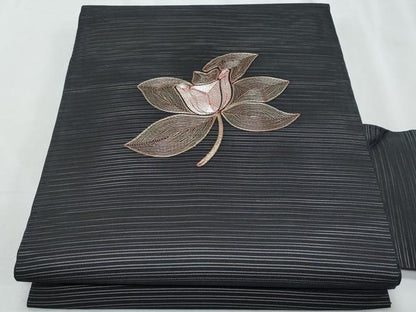 平和屋着物＊夏物　九寸名古屋帯　駒刺繍　枝花文　黒地　正絹　逸品　CABJ4520fb