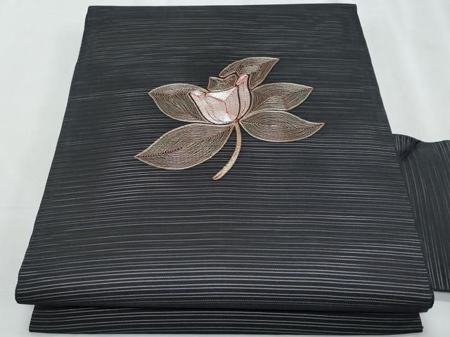 平和屋着物＊夏物　九寸名古屋帯　駒刺繍　枝花文　黒地　正絹　逸品　CABJ4520fb