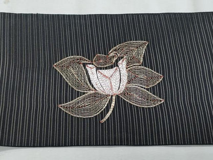 平和屋着物＊夏物　九寸名古屋帯　駒刺繍　枝花文　黒地　正絹　逸品　CABJ4520fb