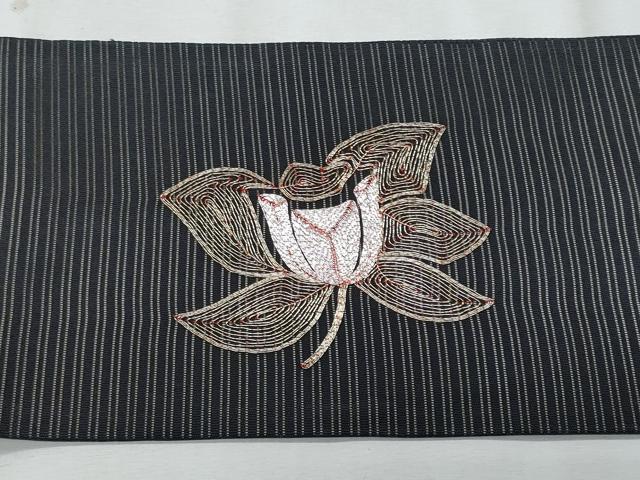平和屋着物＊夏物　九寸名古屋帯　駒刺繍　枝花文　黒地　正絹　逸品　CABJ4520fb