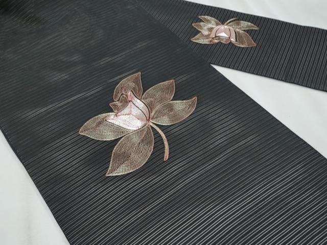 平和屋着物＊夏物　九寸名古屋帯　駒刺繍　枝花文　黒地　正絹　逸品　CABJ4520fb