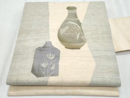 平和屋着物＊夏物　九寸名古屋帯　ろうけつ染　魚　麻　逸品　CABJ4535fb