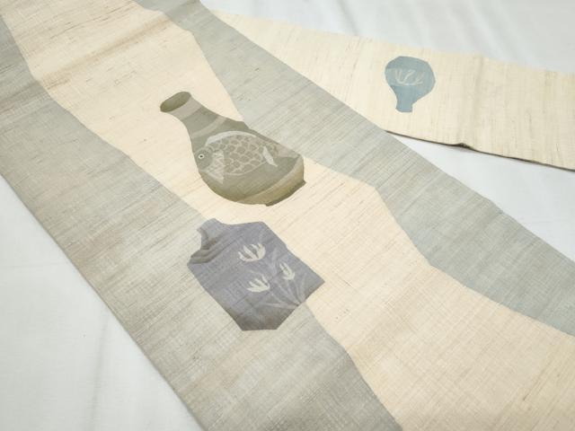 平和屋着物＊夏物　九寸名古屋帯　ろうけつ染　魚　麻　逸品　CABJ4535fb