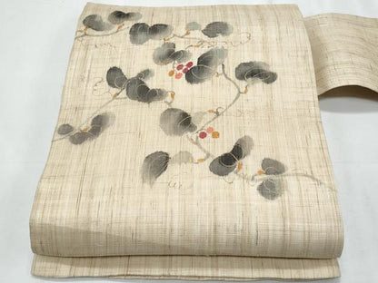 平和屋着物＊夏物　染色作家　桐山紫香　手描き　九寸名古屋帯　南天　金彩　麻　逸品　CABJ4537fb
