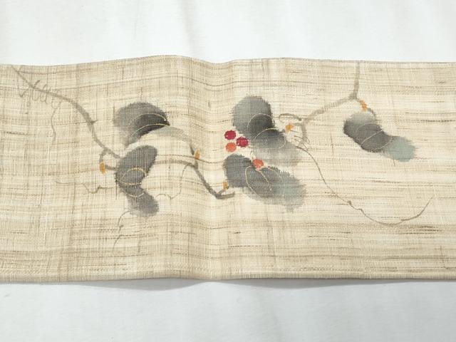 平和屋着物＊夏物　染色作家　桐山紫香　手描き　九寸名古屋帯　南天　金彩　麻　逸品　CABJ4537fb