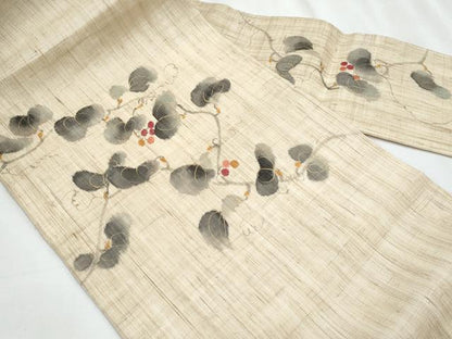 平和屋着物＊夏物　染色作家　桐山紫香　手描き　九寸名古屋帯　南天　金彩　麻　逸品　CABJ4537fb