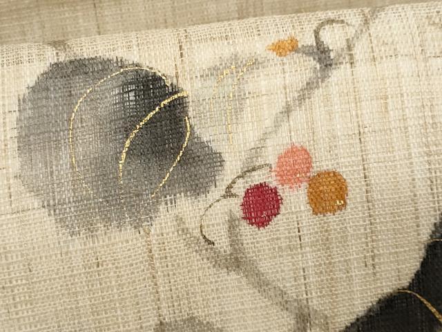 平和屋着物＊夏物　染色作家　桐山紫香　手描き　九寸名古屋帯　南天　金彩　麻　逸品　CABJ4537fb
