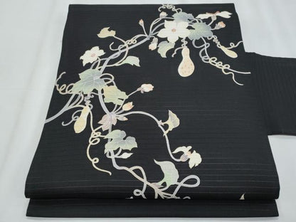 平和屋着物＊夏物　九寸名古屋帯　友禅　瓢箪蔦の葉唐草文　黒地　正絹　逸品　CABJ4542fb
