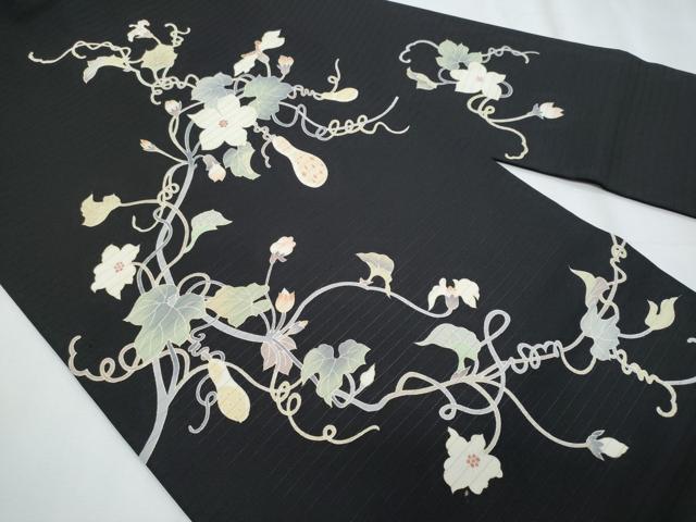 平和屋着物＊夏物　九寸名古屋帯　友禅　瓢箪蔦の葉唐草文　黒地　正絹　逸品　CABJ4542fb