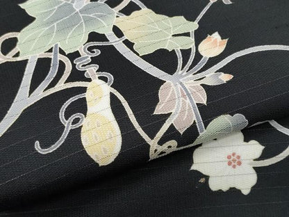 平和屋着物＊夏物　九寸名古屋帯　友禅　瓢箪蔦の葉唐草文　黒地　正絹　逸品　CABJ4542fb